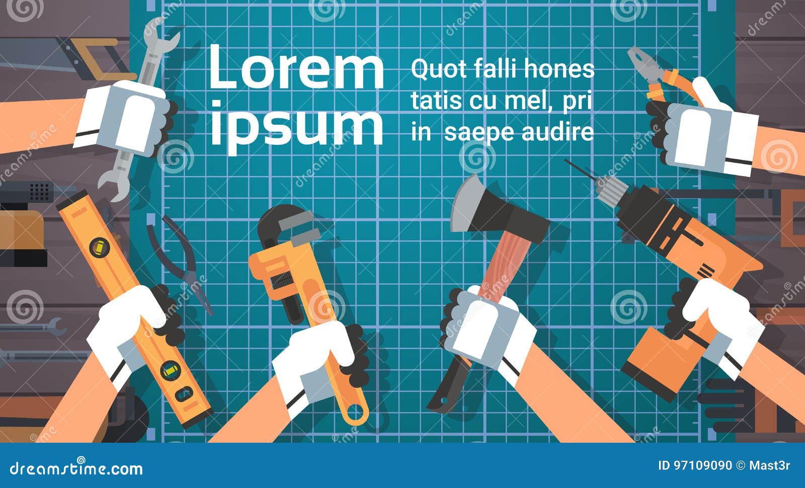 Hands Holding Tools Repair and Construction Working Equipment Over Copy