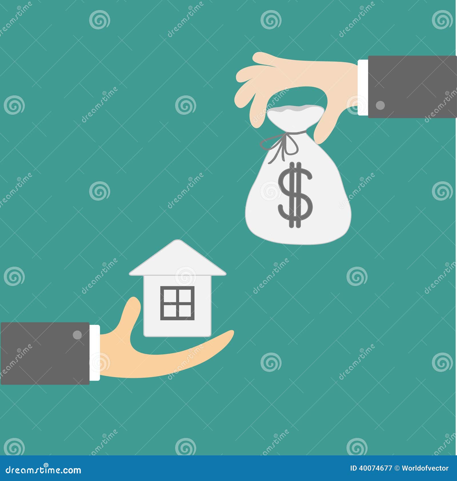 Hands With House And Money Bag. Exchanging Concept. Flat Design Cartoon
