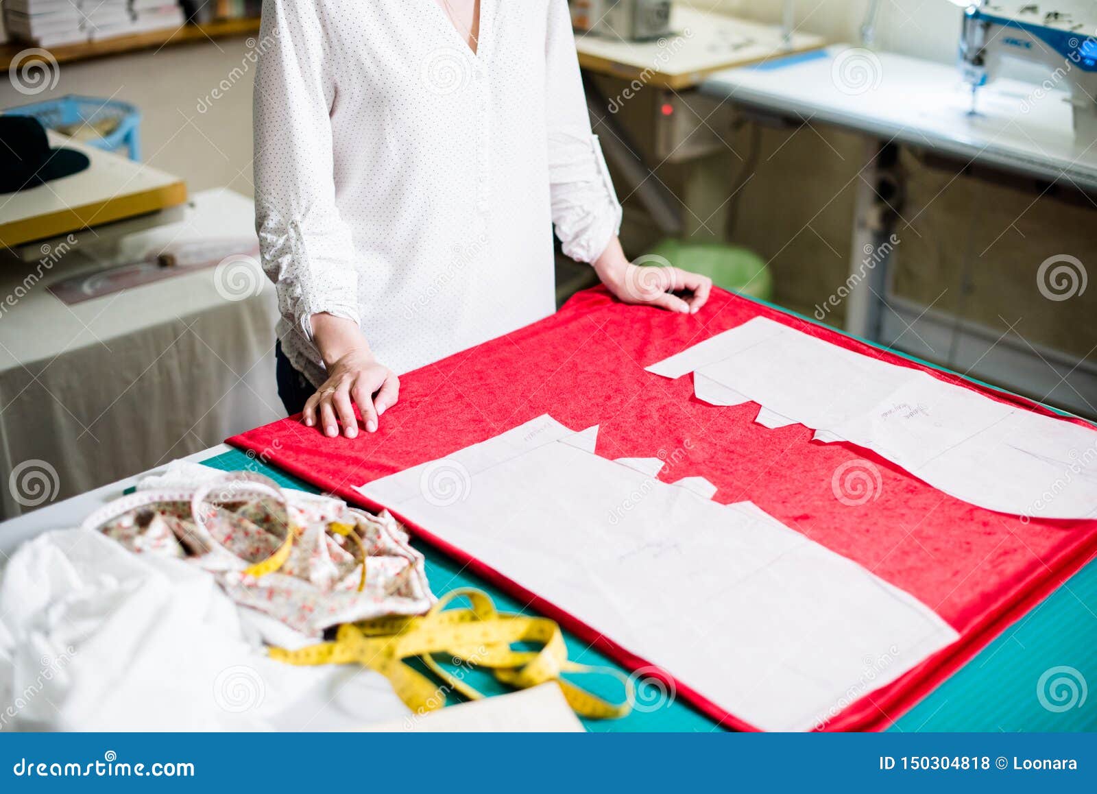 Hands of Lady Tailor Working in Her Studio, Tools and Fabric Samples on ...