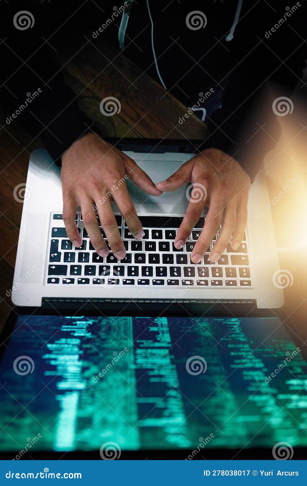 Hands, Laptop and Overhead with a Man Programmer Coding while Typing on