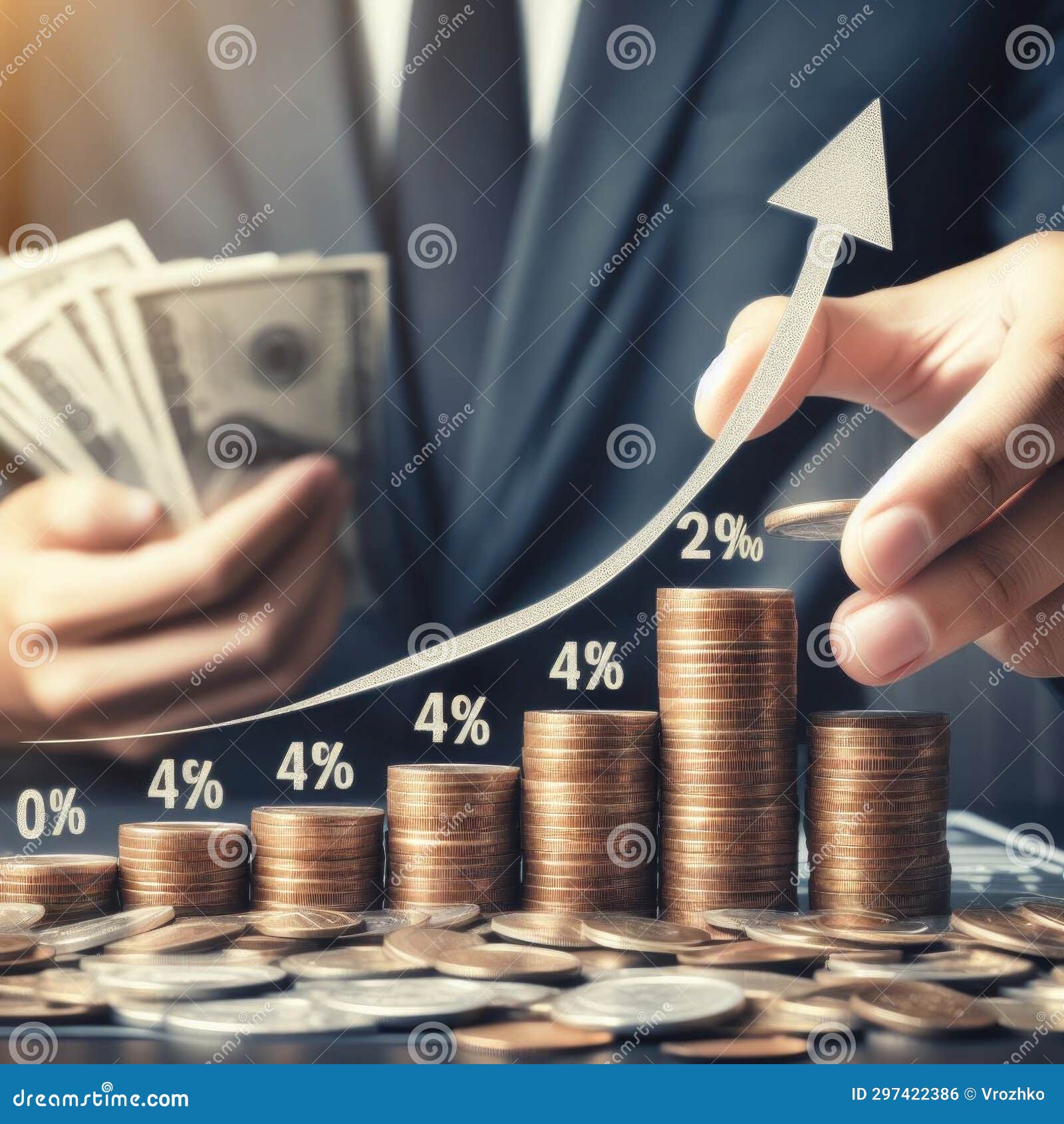 hands lay a coin to a stack of coins on the table. growth percentile arrow