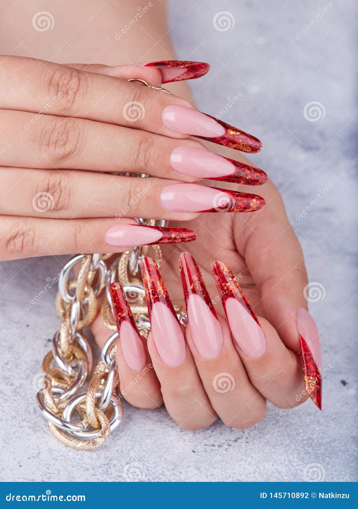 Hands With Long Red Artificial French Manicured Nails ...
