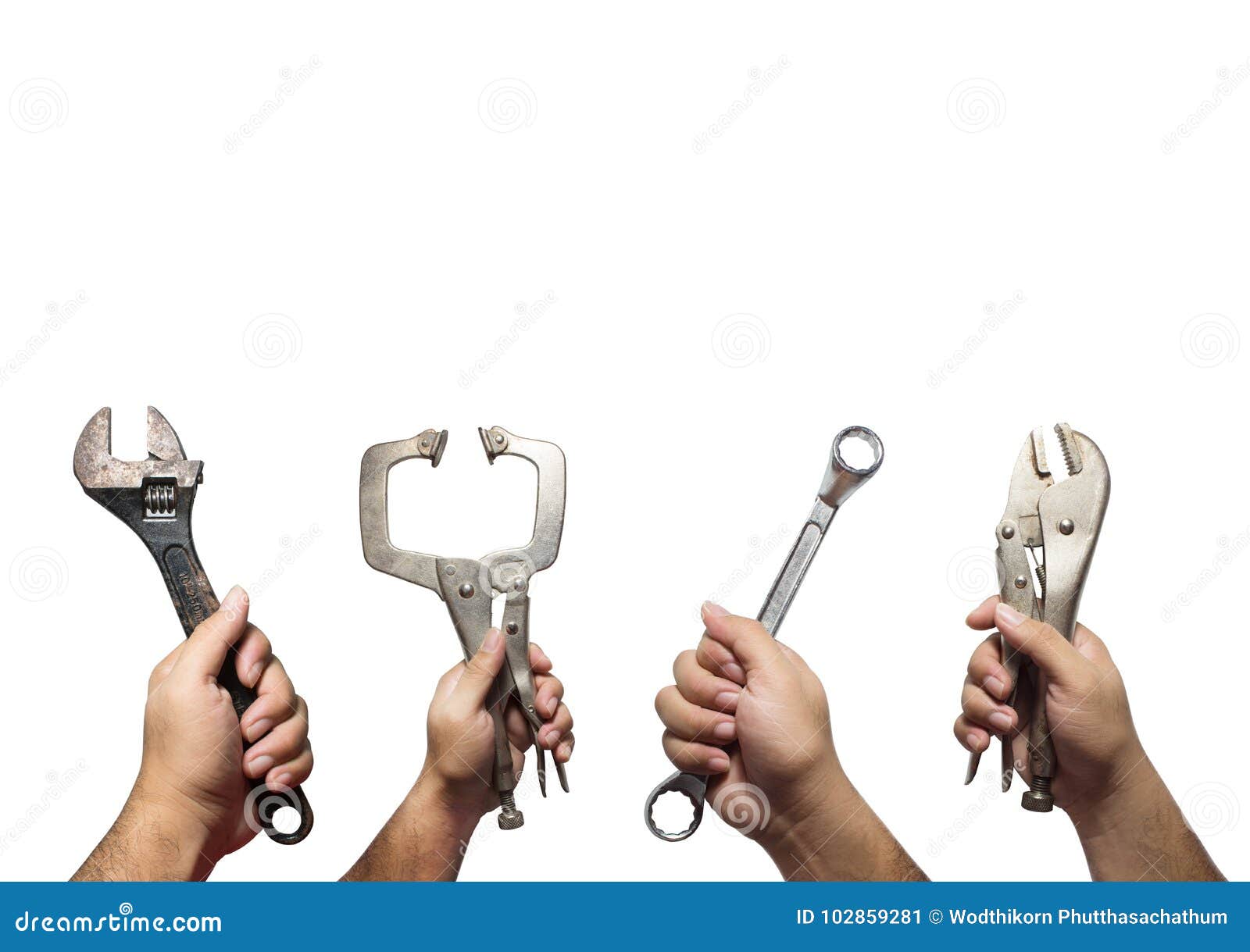 The Hands of Many Mechanic Holding Instruments, Tools Isolated O Stock Image Image of