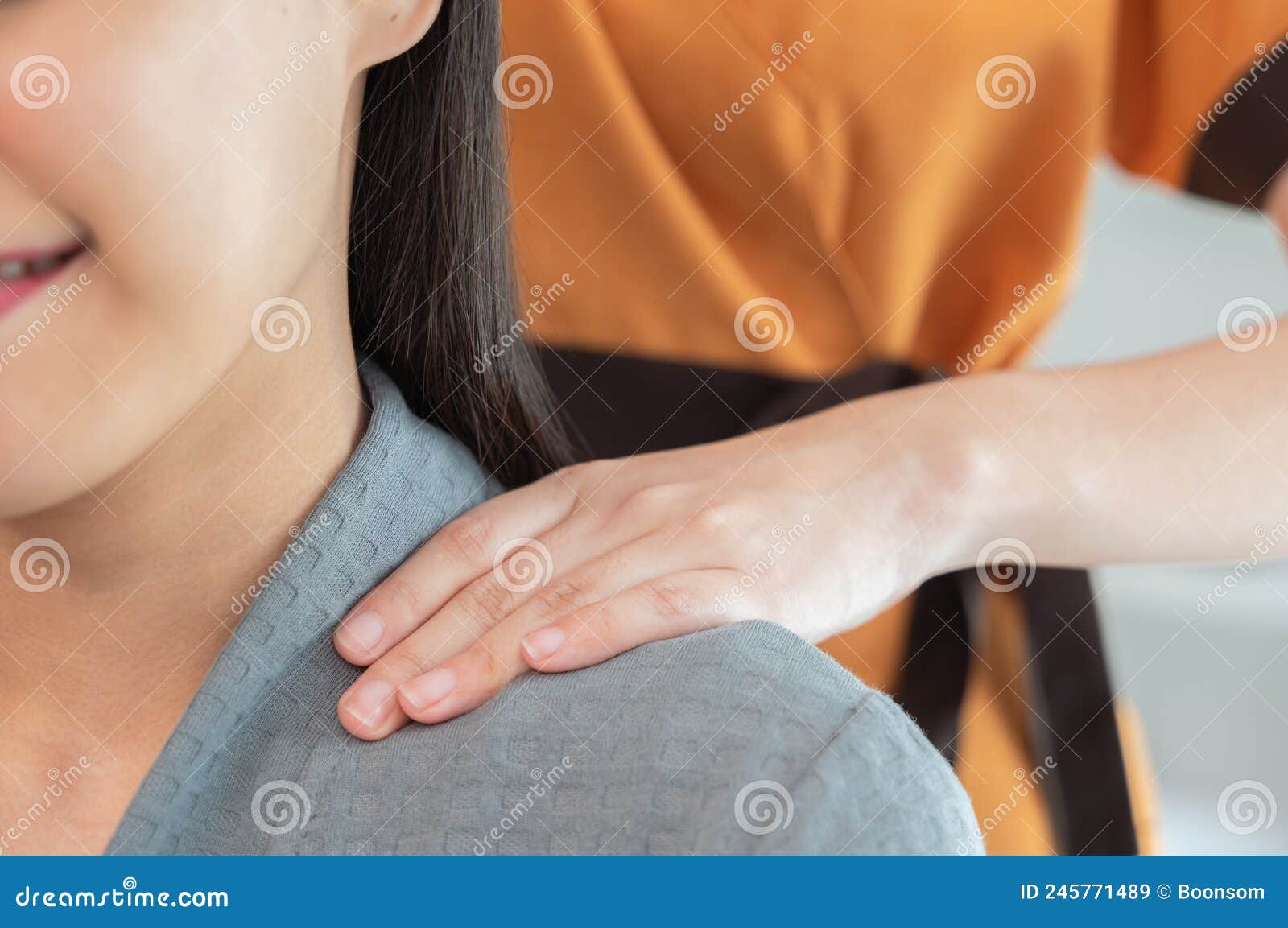 Masseur Hands Make Neck Massage For Beautiful Woman On Massage Table Stock Image Image Of