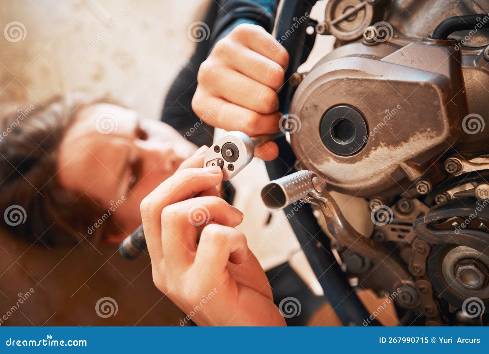 Hands, Mechanic and Engine Repairs Working on Motor with Tools for