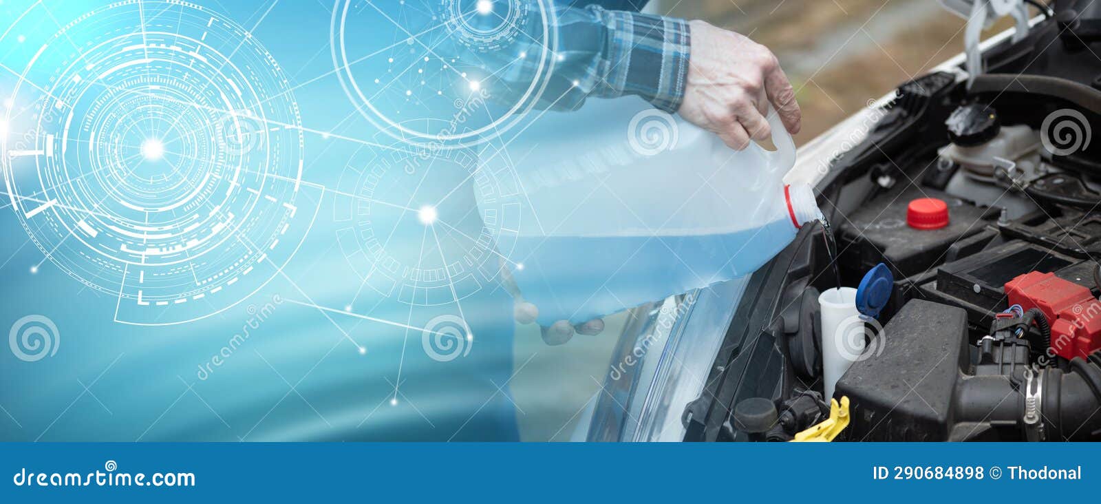 Hands of Mechanic Pouring Windshield Washer Fluid in a Car Panoramic Banner Stock Photo Image
