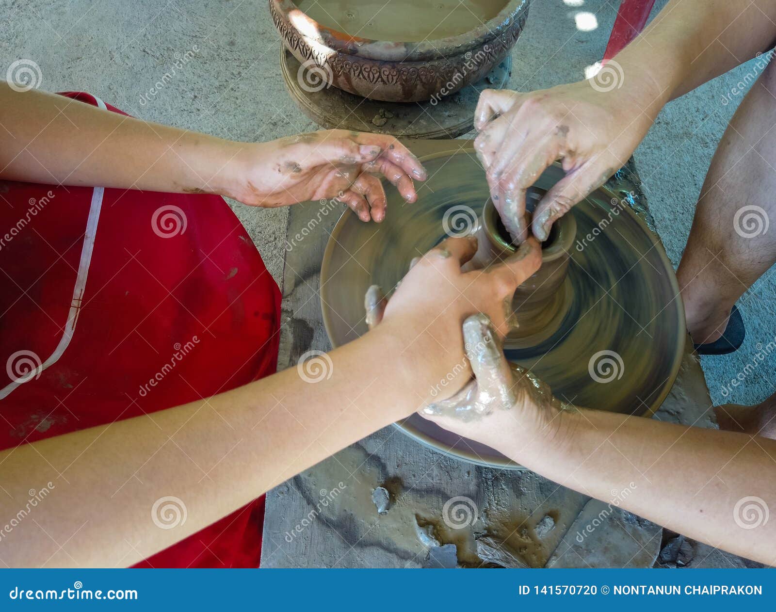 Hands Molding Machine To Mold Clay. the Work Done by Hand Stock Photo