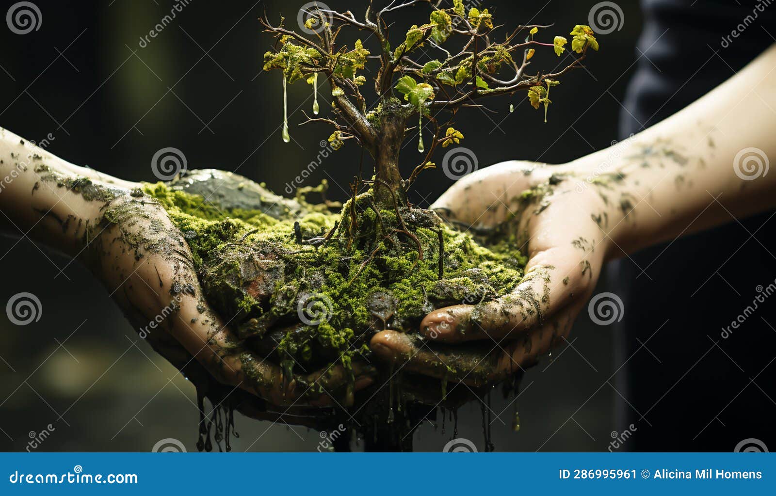 Hands with Moss Holding a Small Plant. Ecology and Sustainability