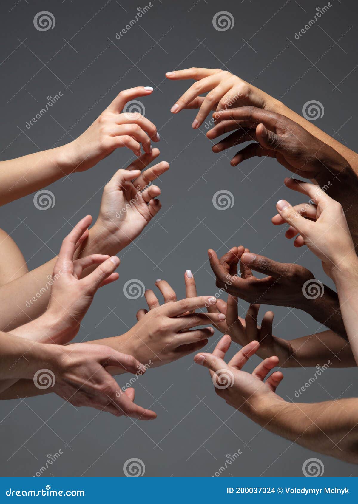 Hands of People`s Crowd in Touch Isolated on Grey Studio Background ...