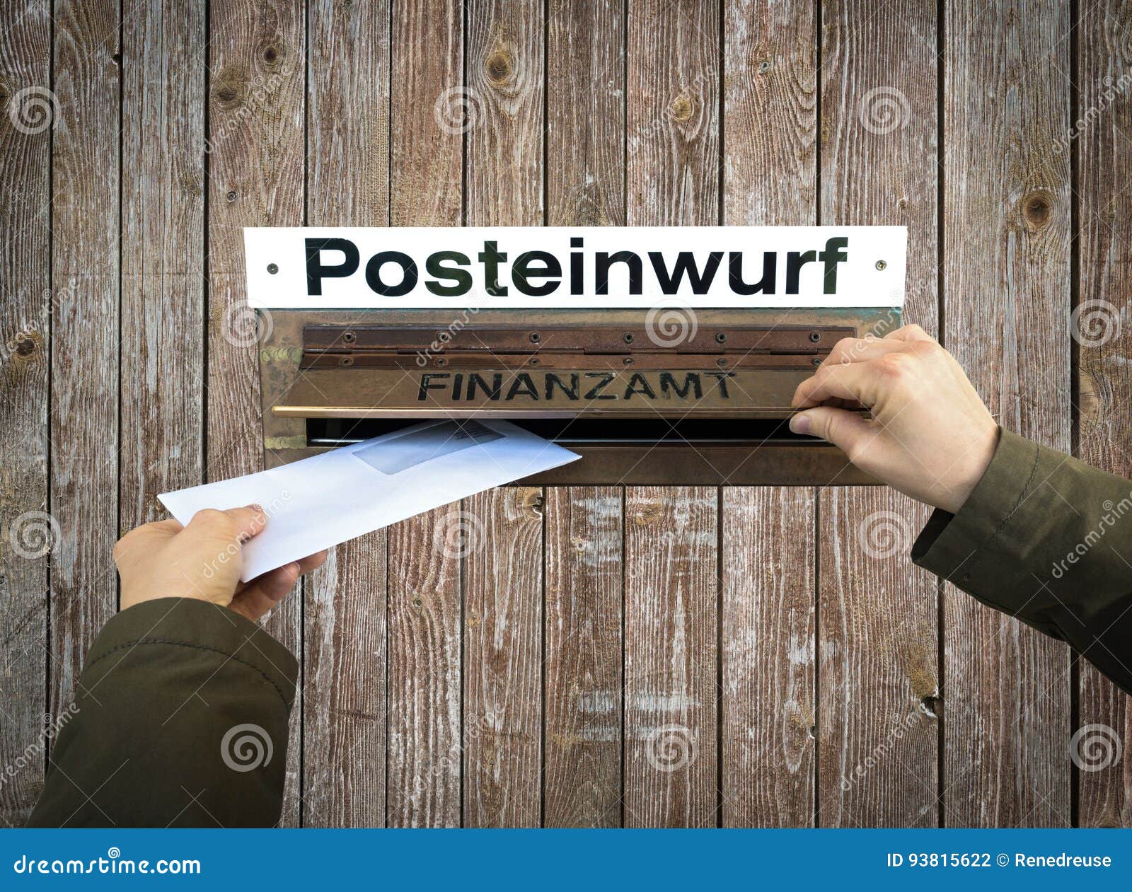 hands post a letter into letterbox of finance office, finanzamt.