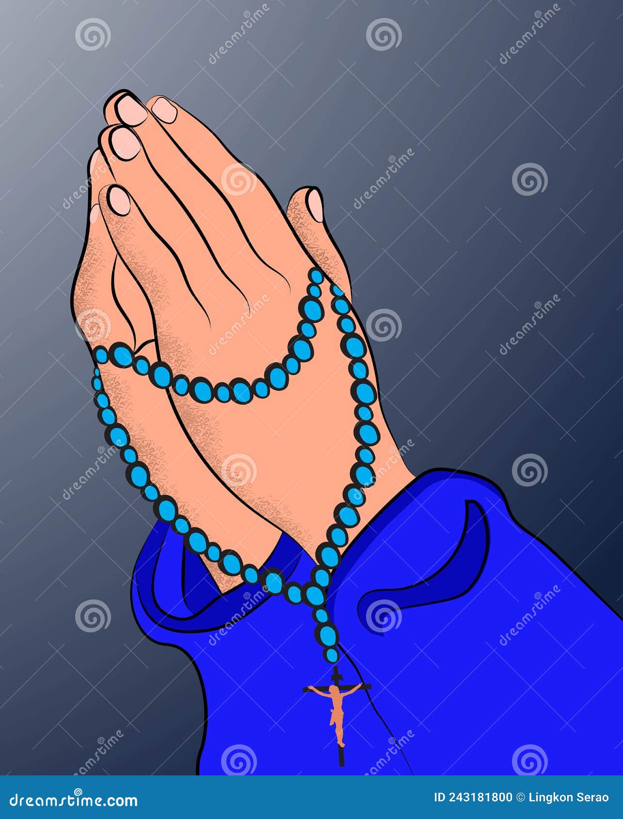 Illustration of Praying Hands Holding Colorful Holy Rosary Beads with