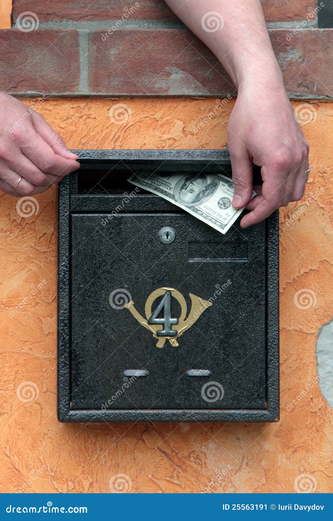 Hands Puts Money in the Mailbox Stock Image Image of container, human