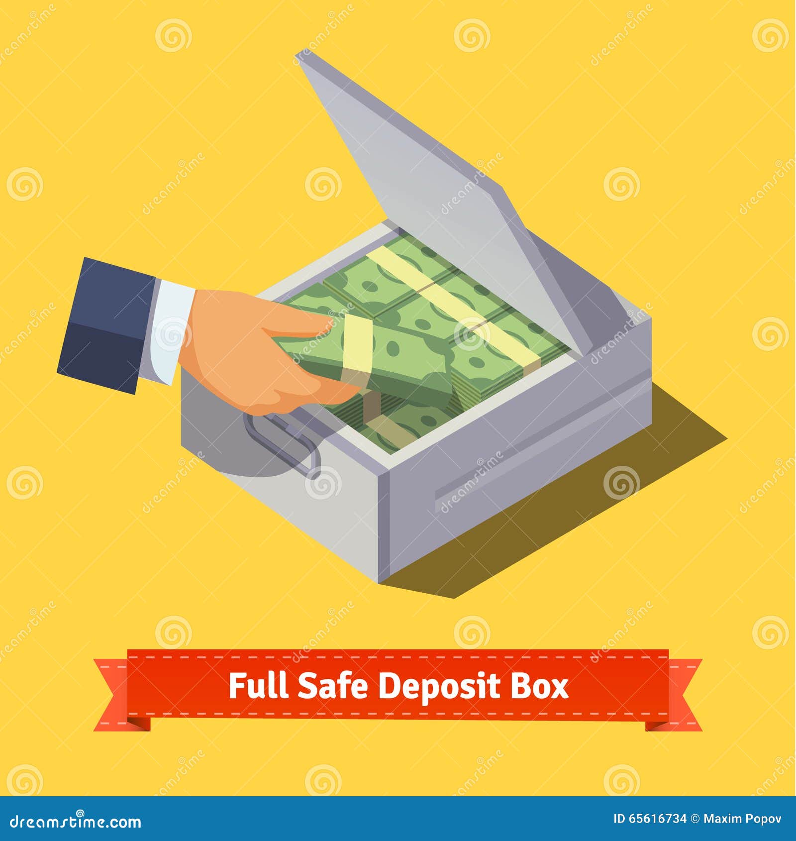 Hands Putting Cash Stack To a Safe Deposit Box Stock Vector