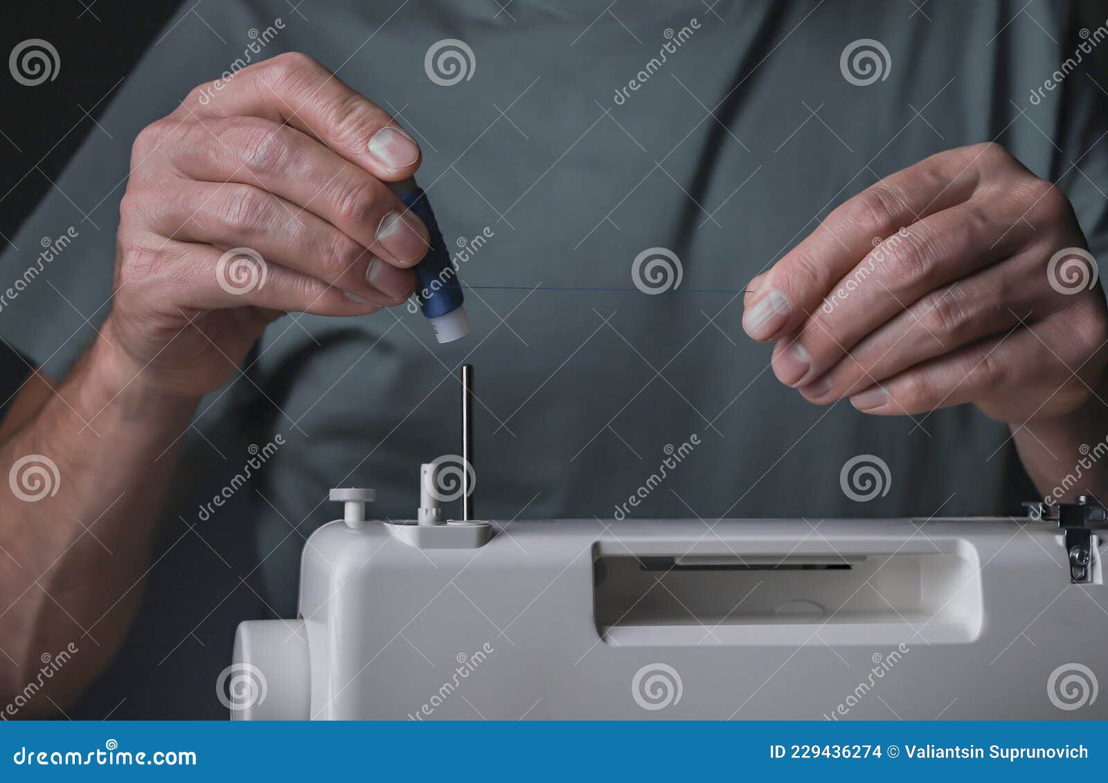 Hands Putting Thread Spool on Sewing Machine Stock Photo Image of