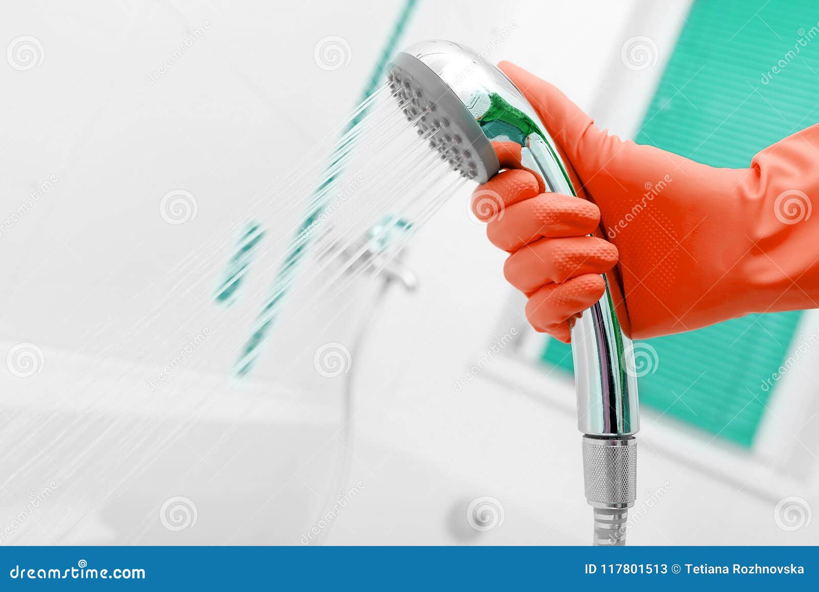 Hands in Rubber Gloves Wash the Shower. Stock Image Image of