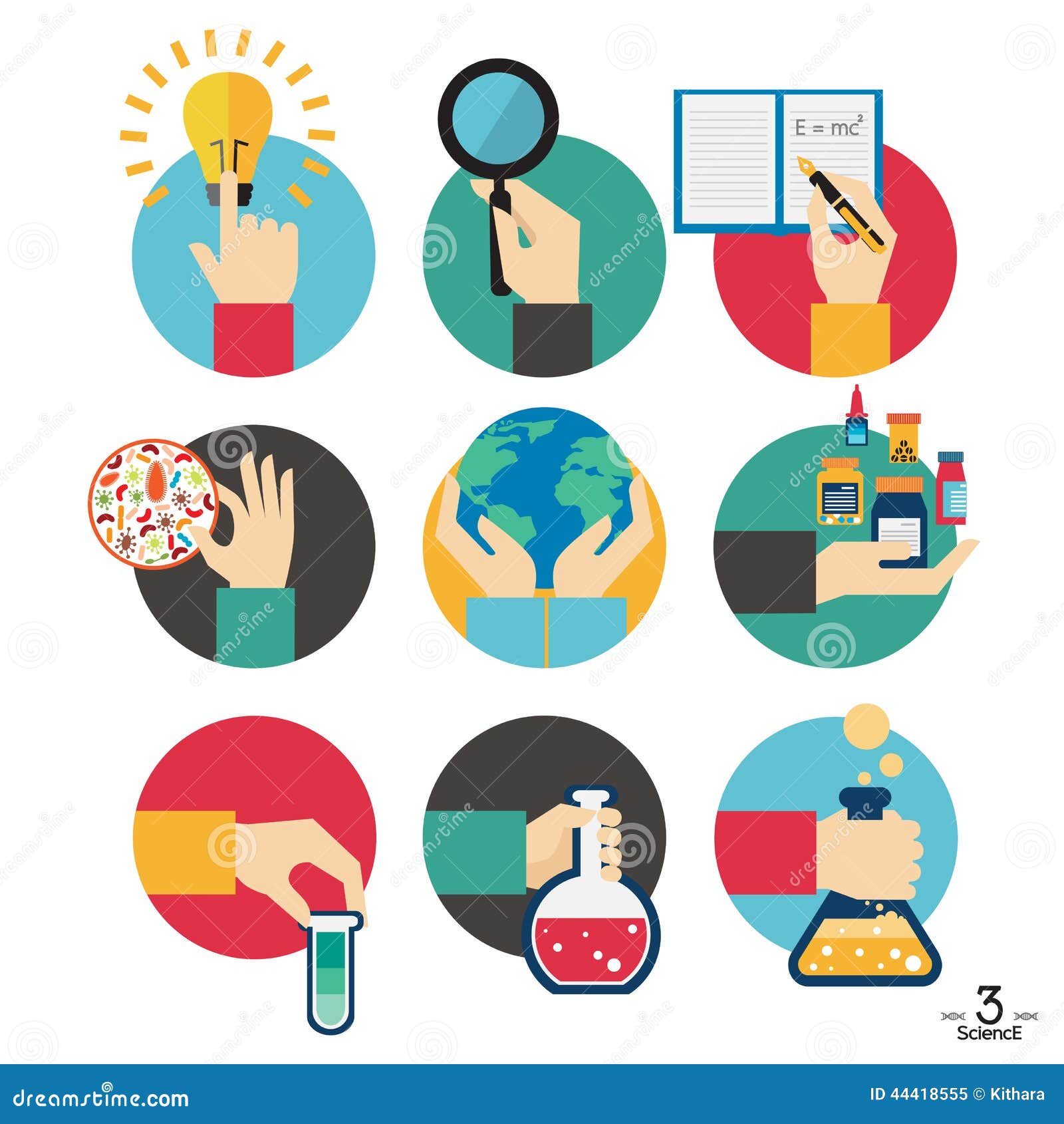 hands with science experiment object icons set stock vector