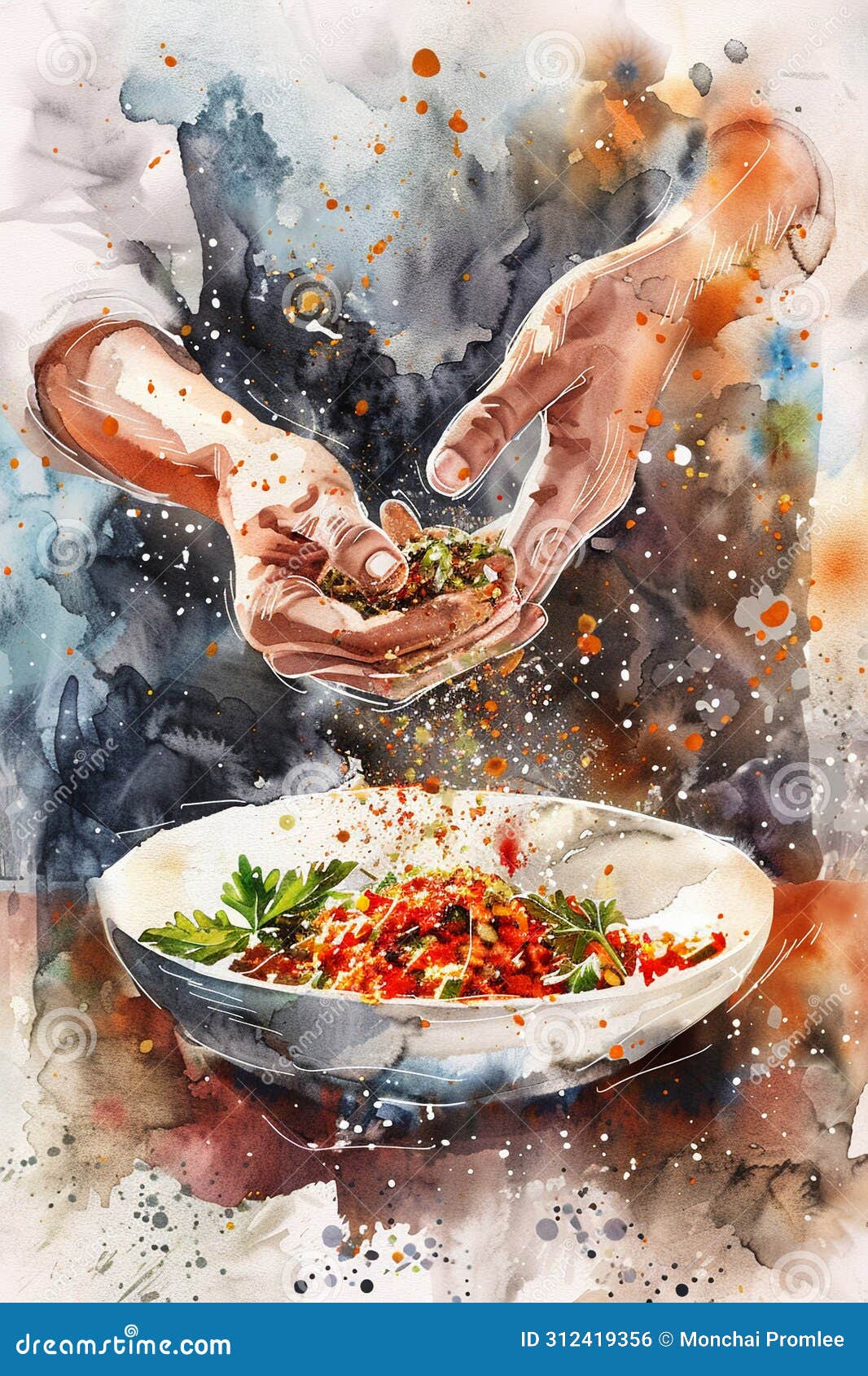 hands season a dish, sprinkling a richly colored spice mix to infuse it with exotic tastes