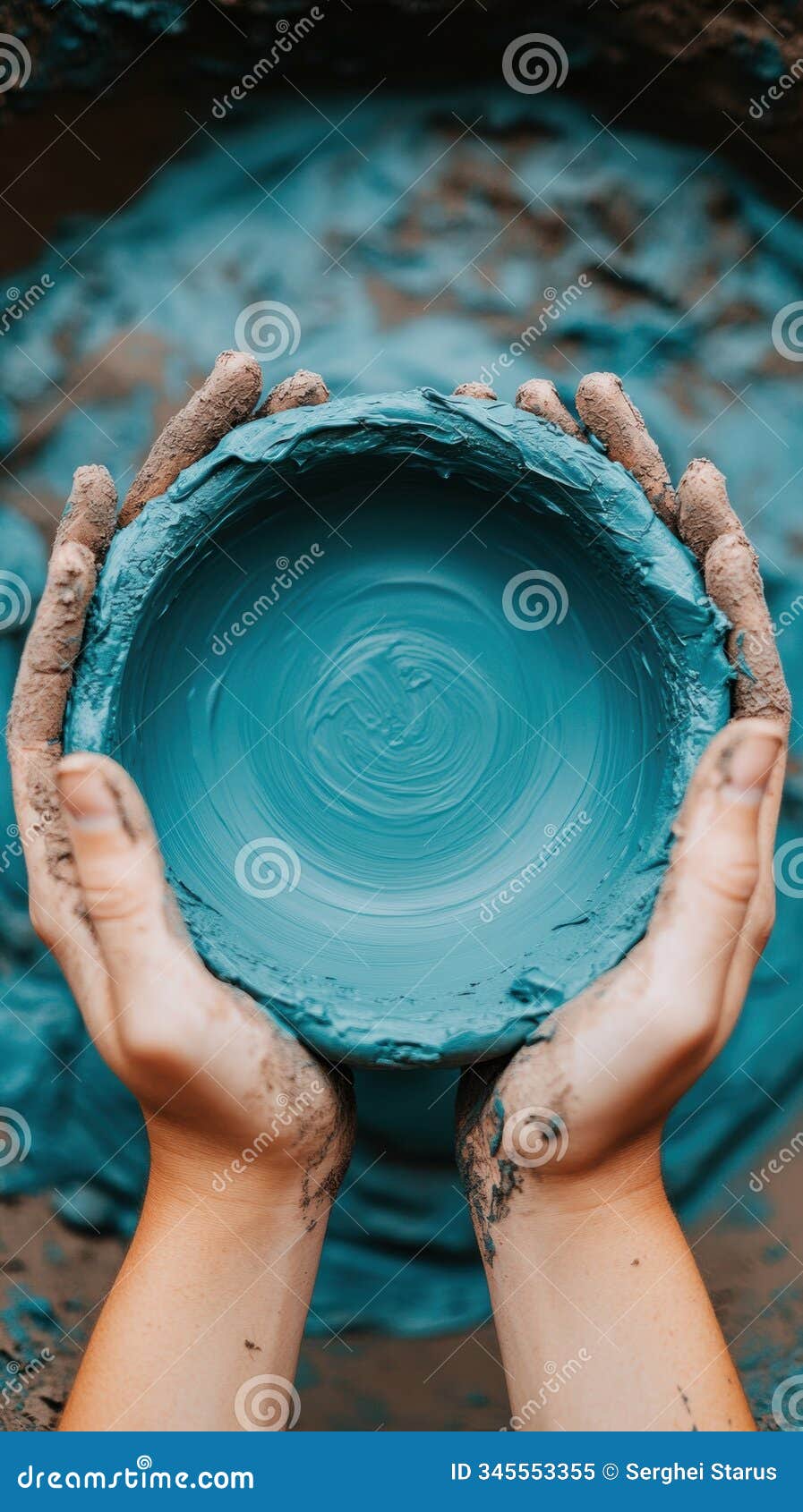 hands shaping a vibrant blue clay bowl on a pottery wheel, ai