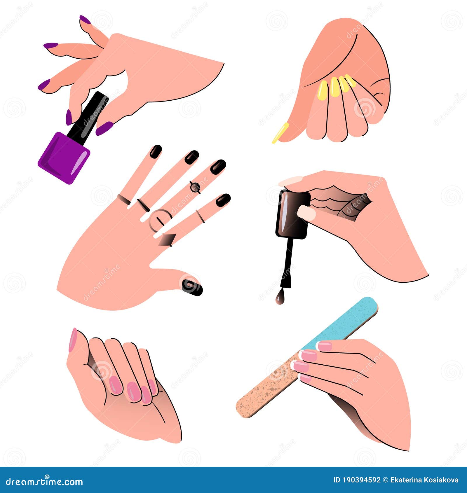 Hands Showing Manicure and Nail Care. Set. Vector Illustration. Stock ...