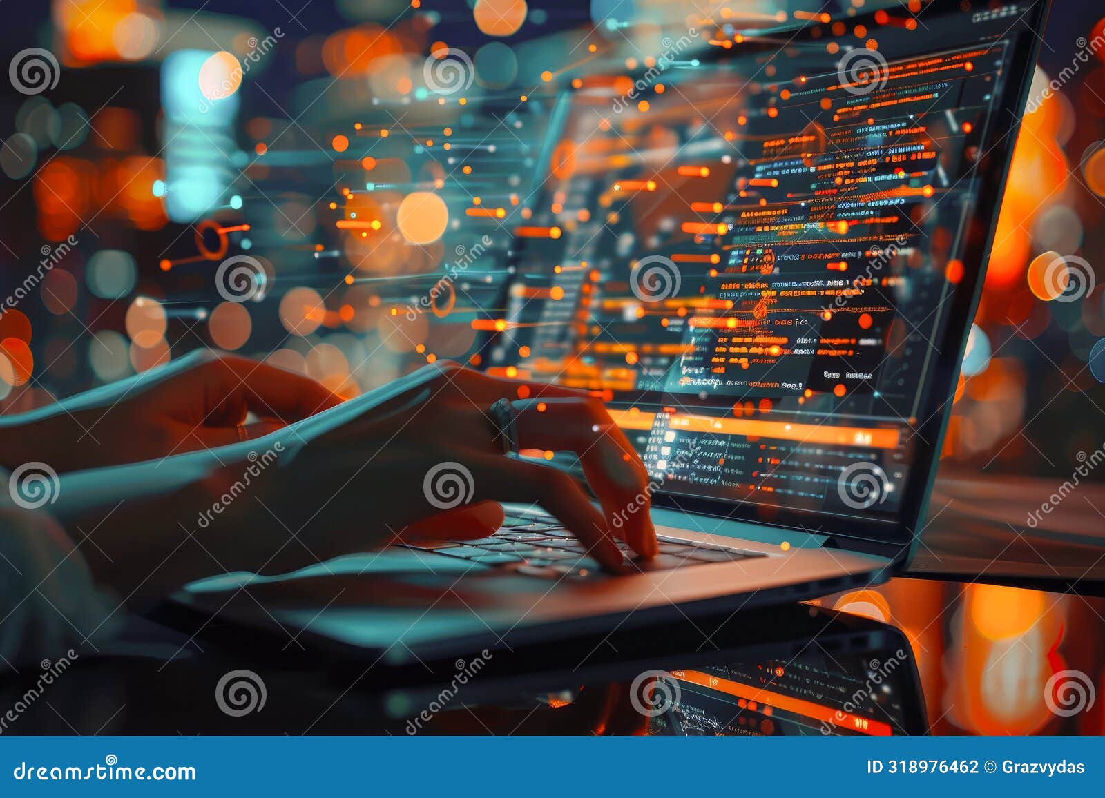 hands of software engineer coding on laptop computer with innovation technology interface. software technology development concept