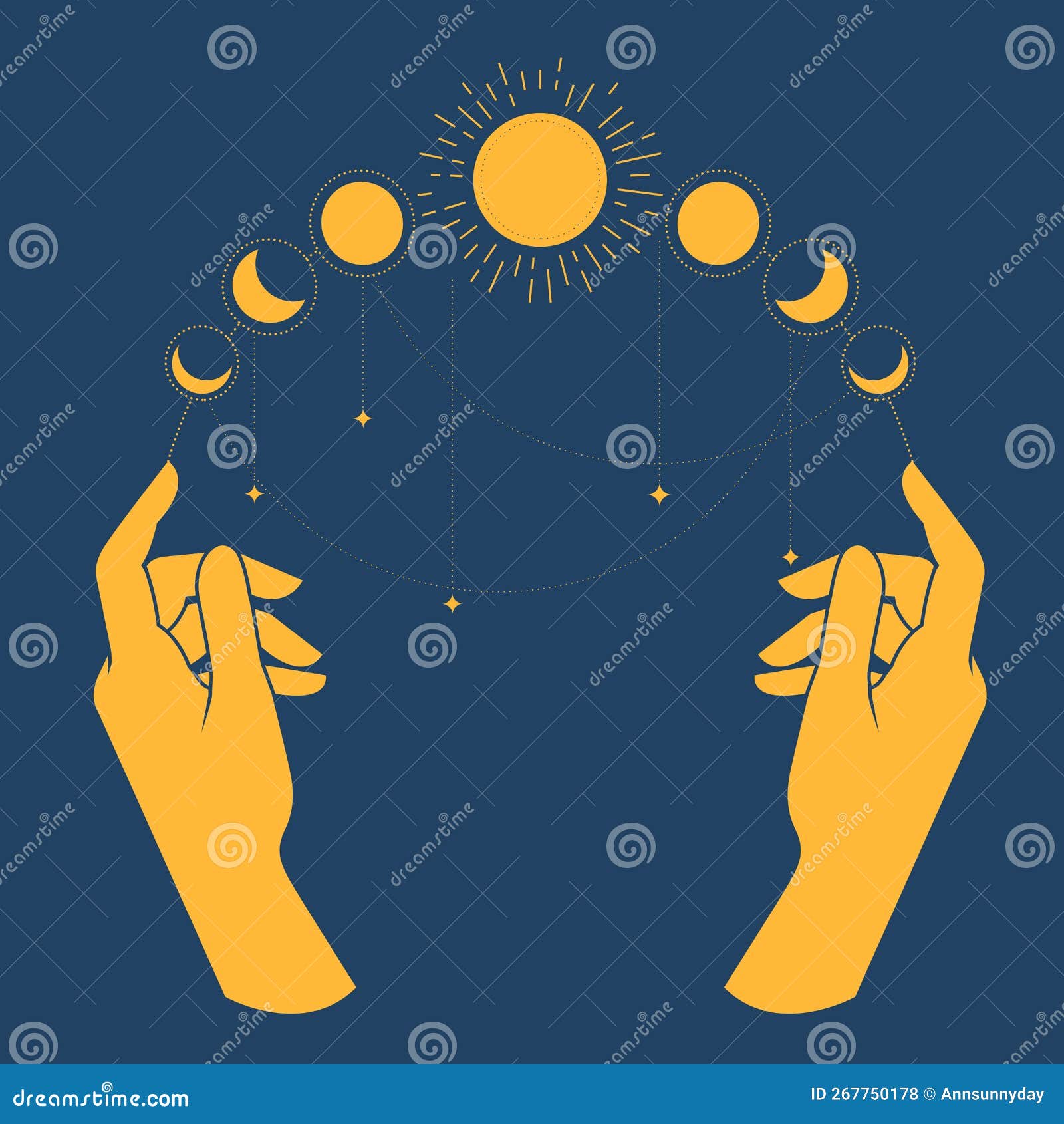 hands of sorcerer with lunar phases on fingers, moon fortunetelling, horoscope and astrology prediction
