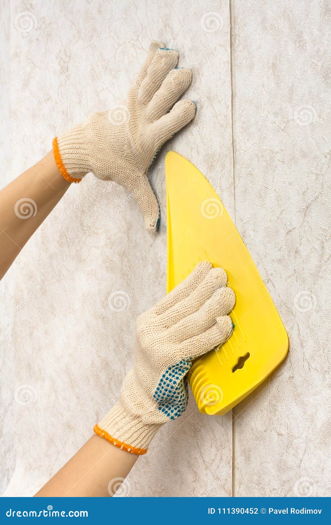 Hands with Spatula Smoothing Wallpaper on the Wall Stock Photo Image