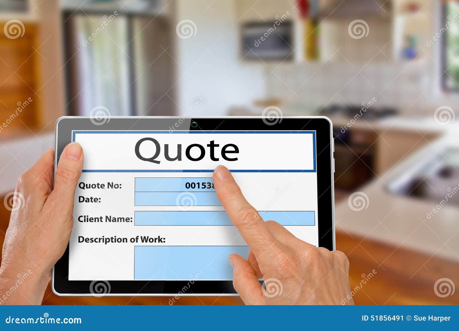 Hands with Tablet Kitchen Renovation Quote Stock Image Image of