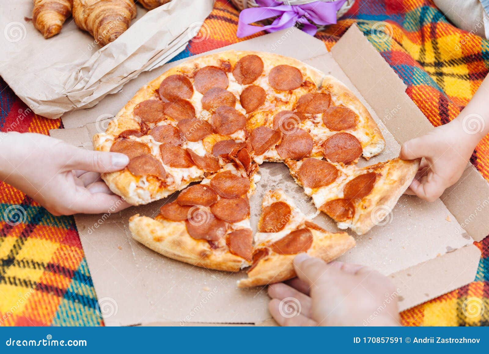 Hands Take Slices Of Pepperoni Pizza Food Delivery Picnic Stock Image