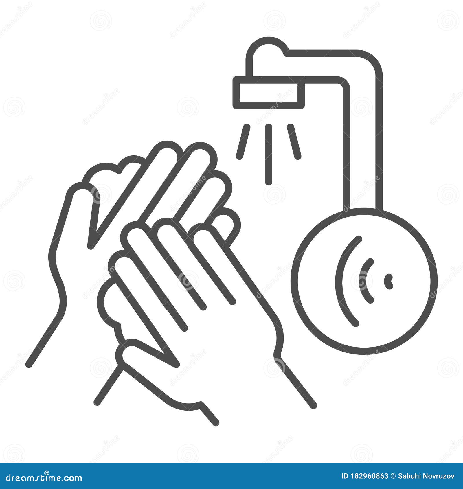 hands washing under sensor faucet thin line icon, smart home technology , motion water tap with airwaves 