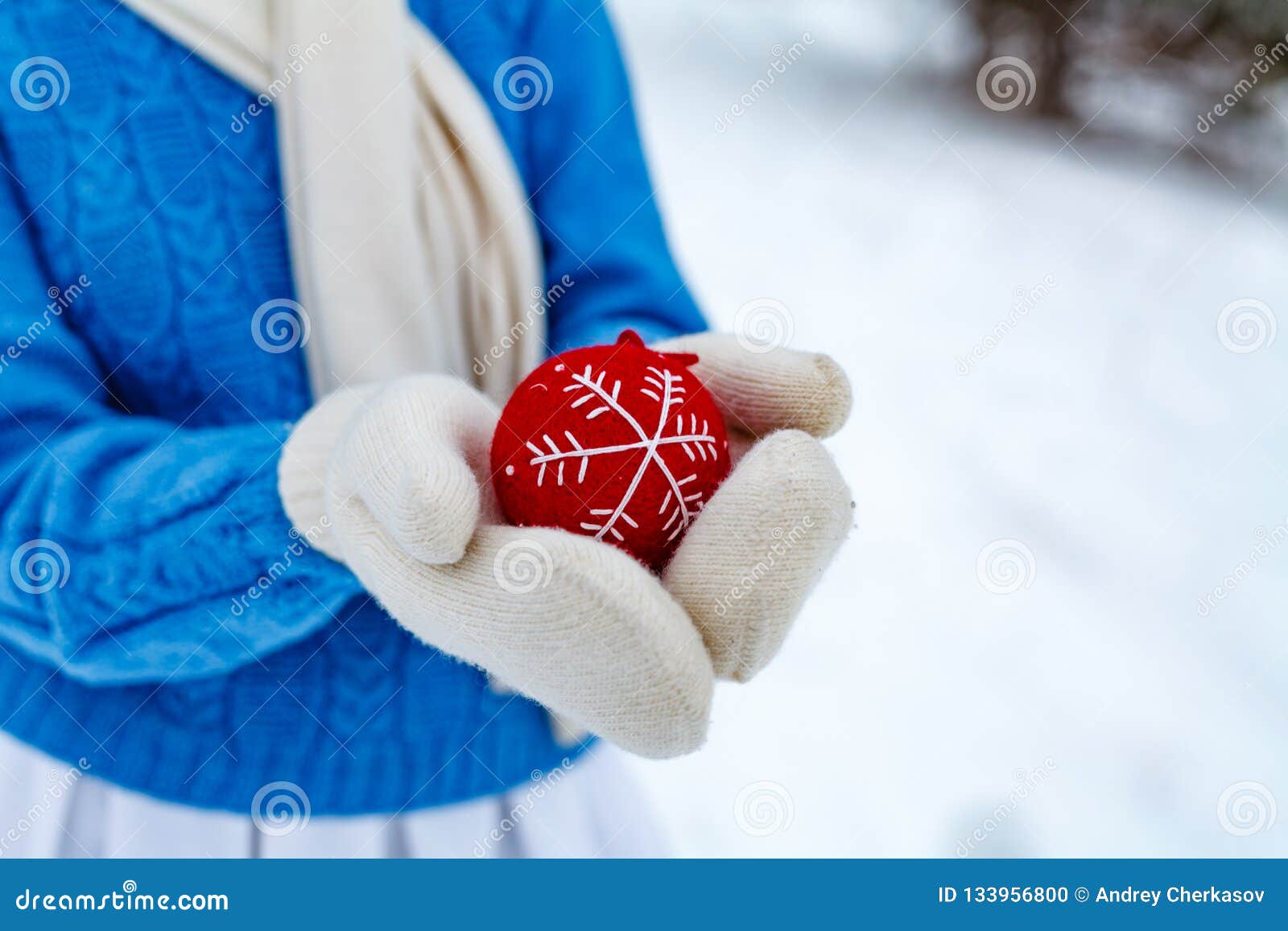 Hands in White Knitted Mittens Holding Glowing Christmas Ball Stock ...