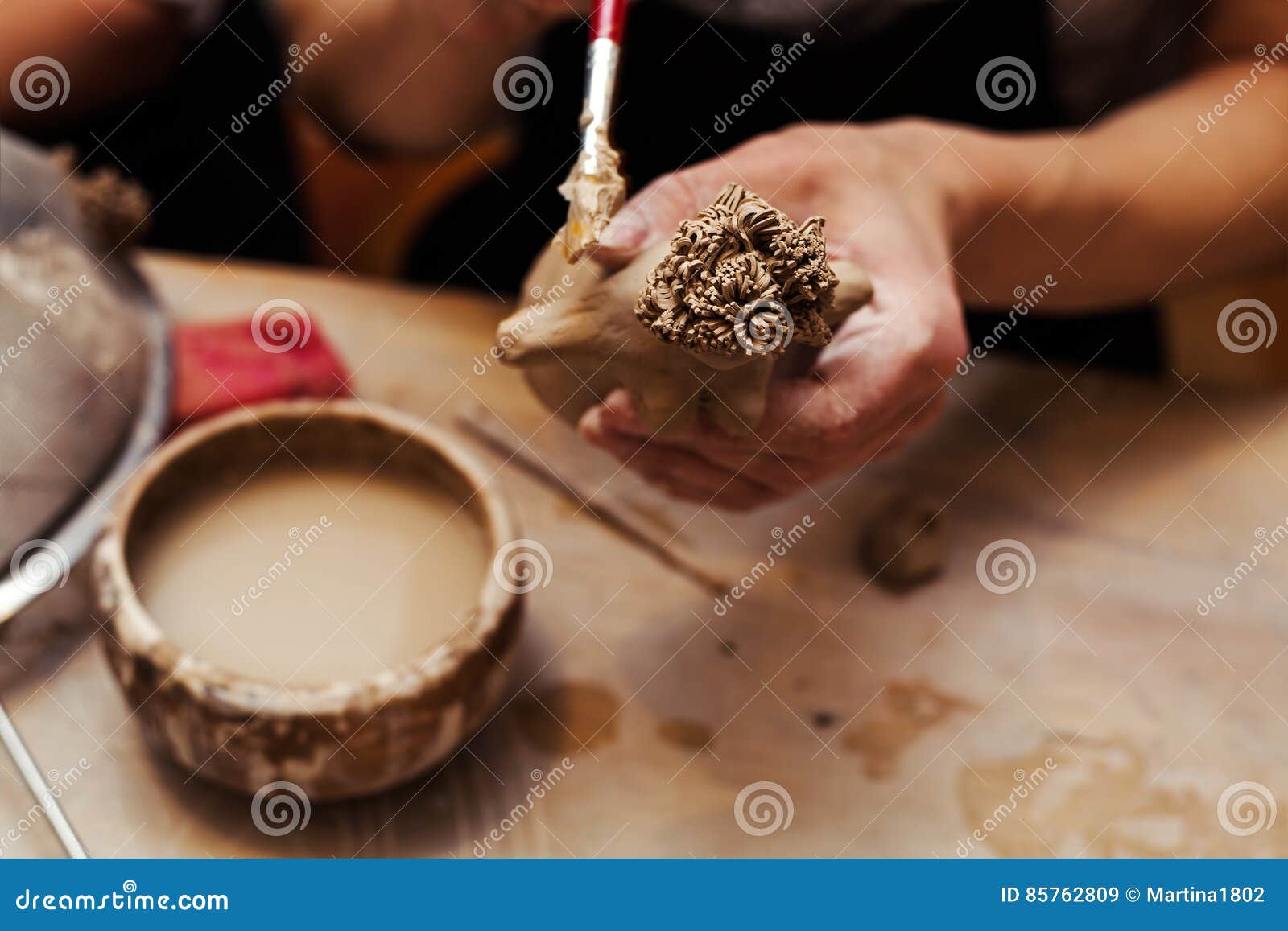Hands Working and Finishing Sculpture with Clay Stock Image Image of