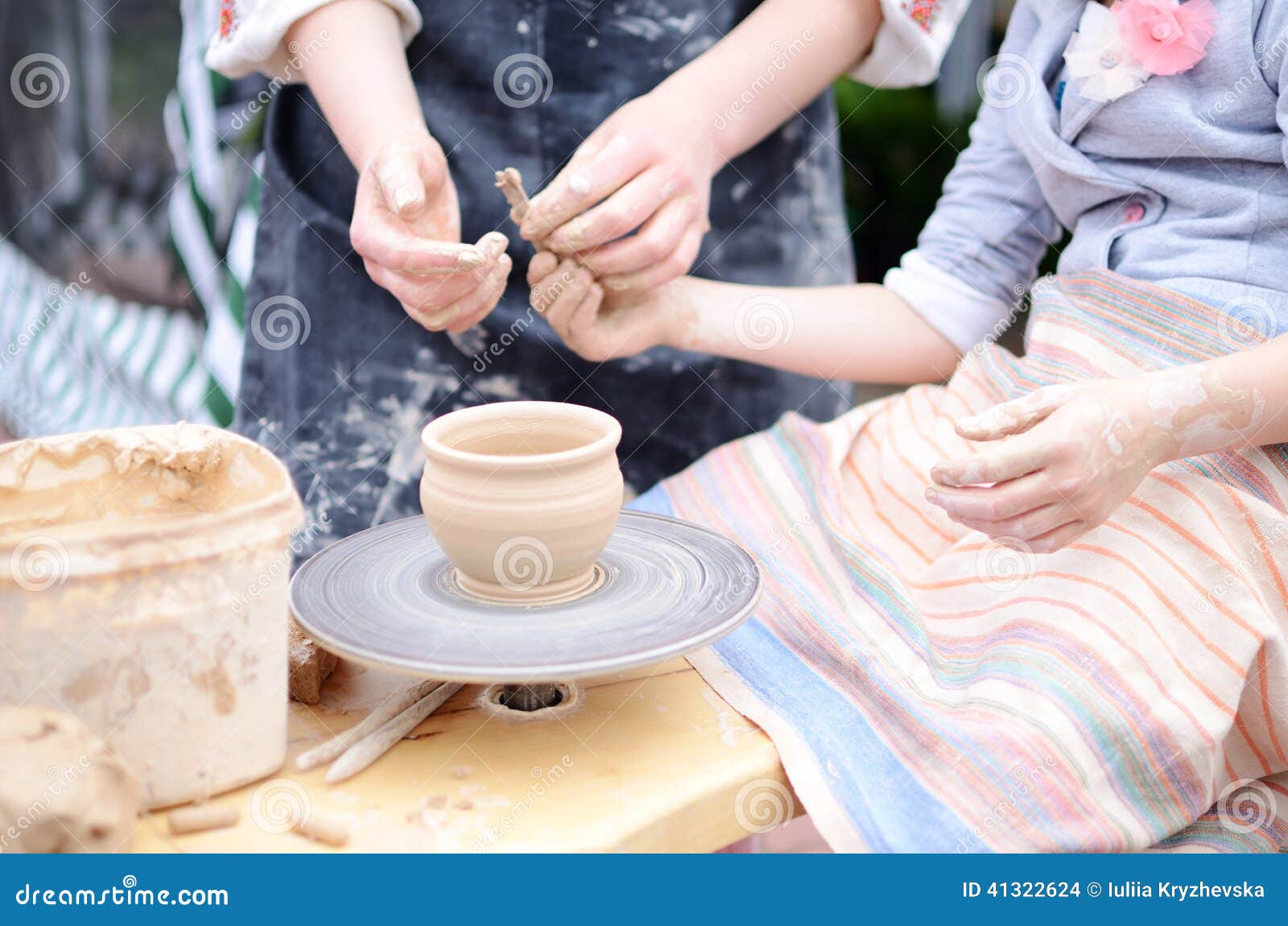Hands Working on Throwing Wheel, Master Class of Studio Pottery Stock