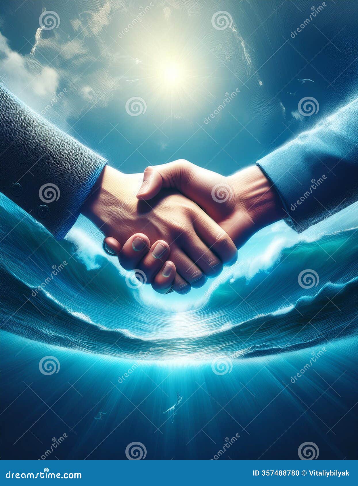 a handshake merger concept projected over the north atlantic ocean