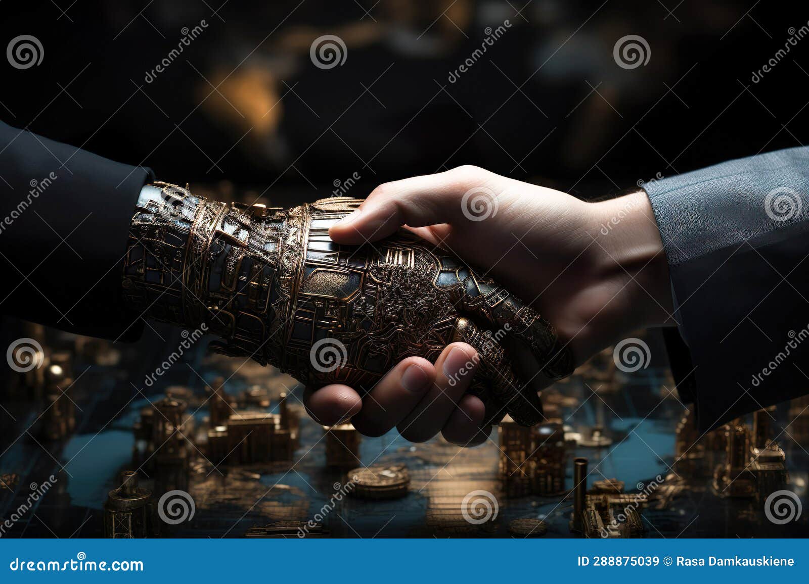 handshake between robot and human in world map background. ai technology development, relationship between human and robot.