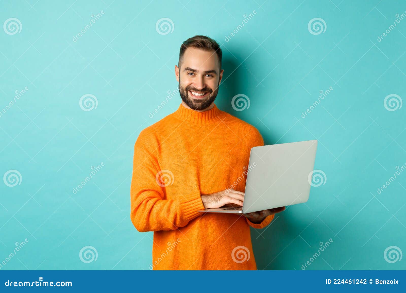 Handsome Adult Man Freelancer Working with Laptop, Smiling at Camera ...