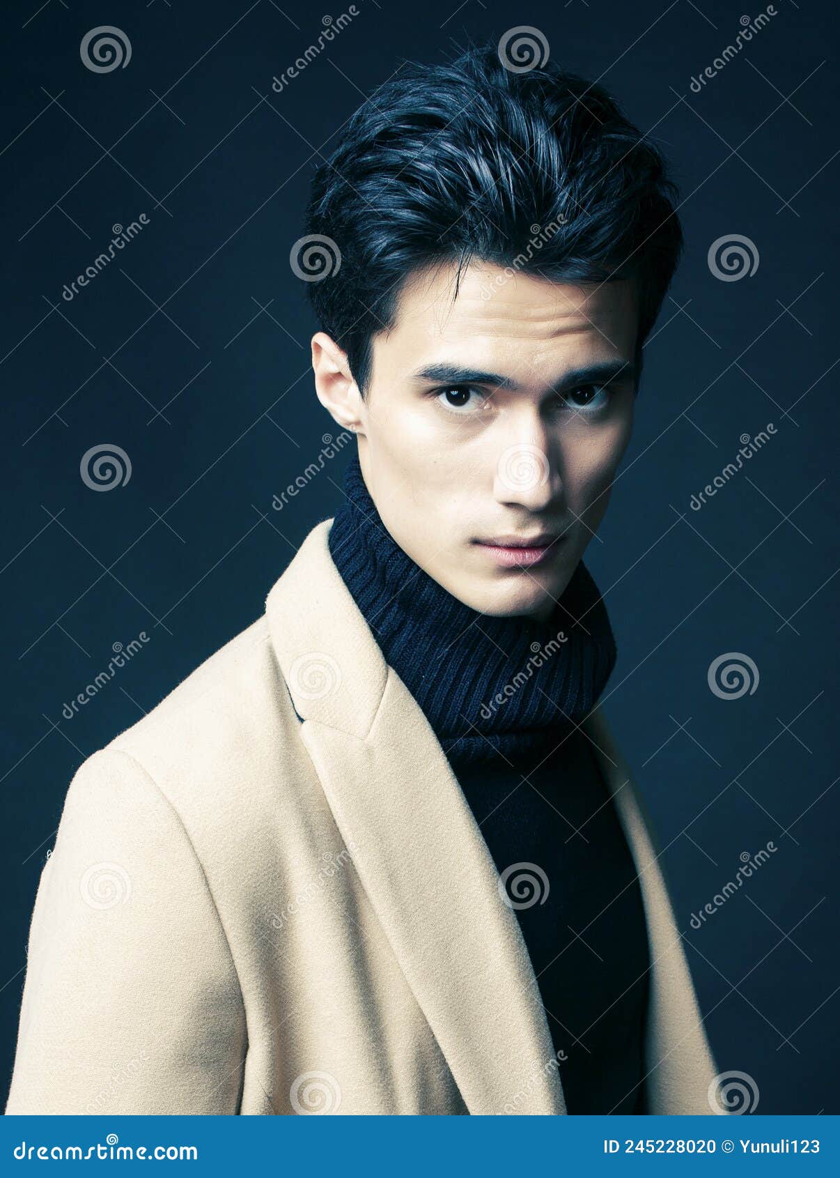 Portrait Of A Young Handsome Asian Man With Blue Eyes And Dark