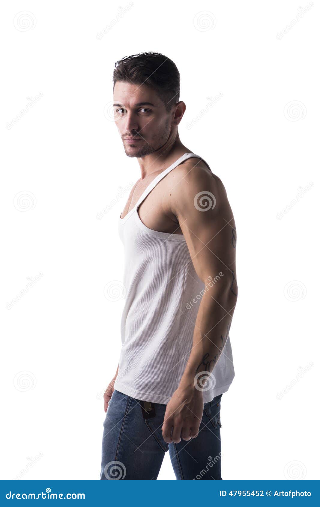 Handsome Athletic Man with Tank Top and Jeans Stock Photo Image of