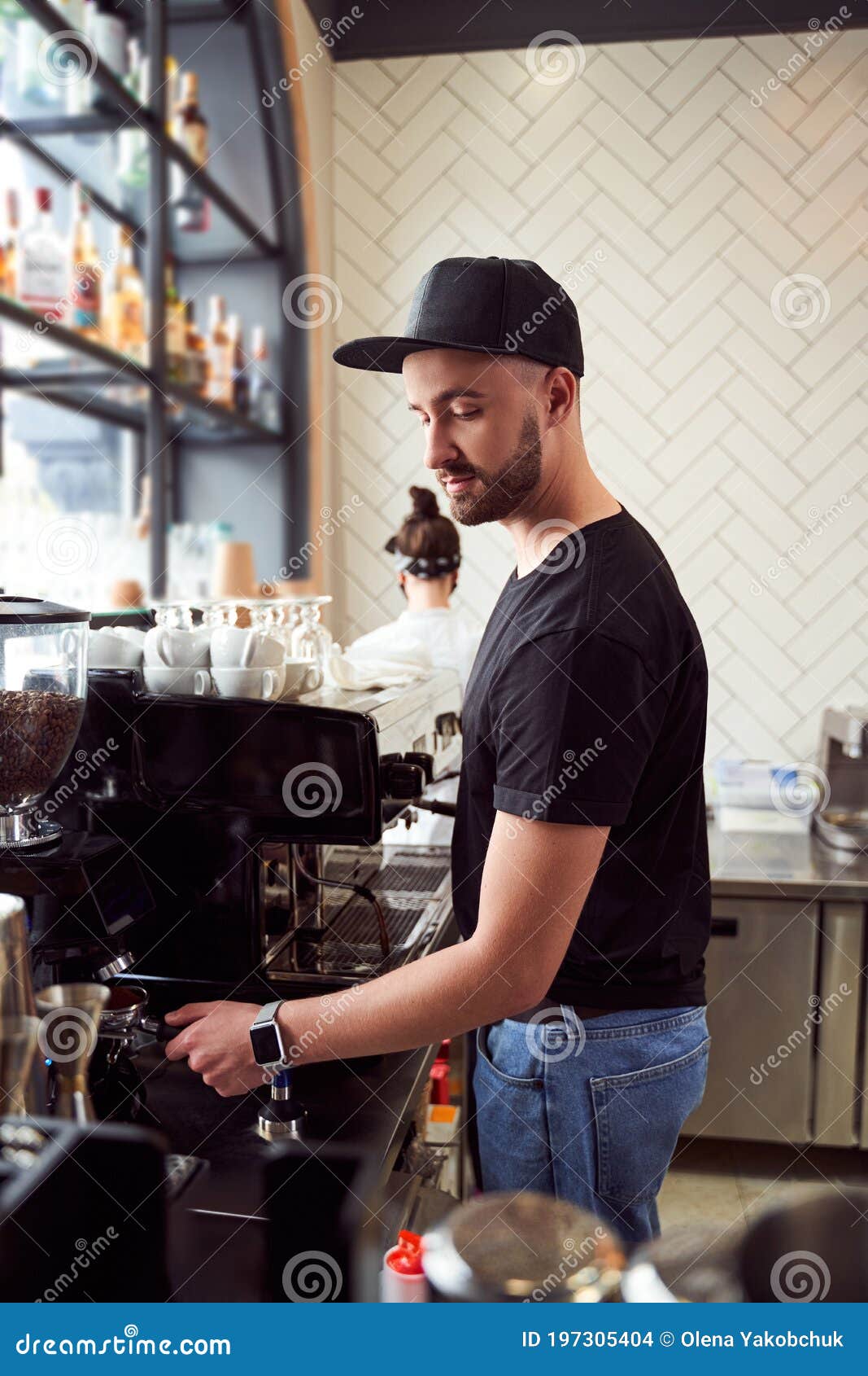 Male Barista Working on Coffee Machine Stock Photo Image of kawy