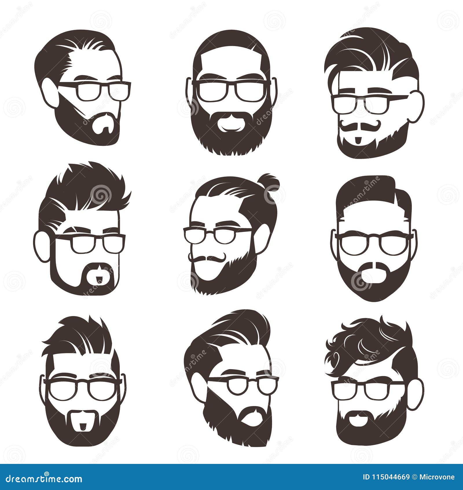 Handsome Bearded Hipster Man Faces with Mustache and Modern Male Hairstyle  Vector Avatars Isolated Stock Vector - Illustration of glasses, adult:  115044669
