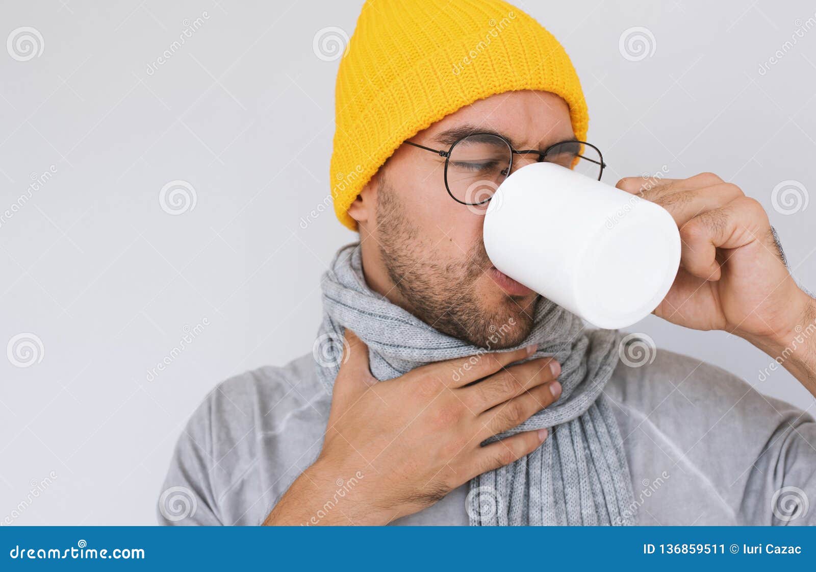 Handsome Bearded Male Having Sore Throat Influenza. Portrait of Sick ...