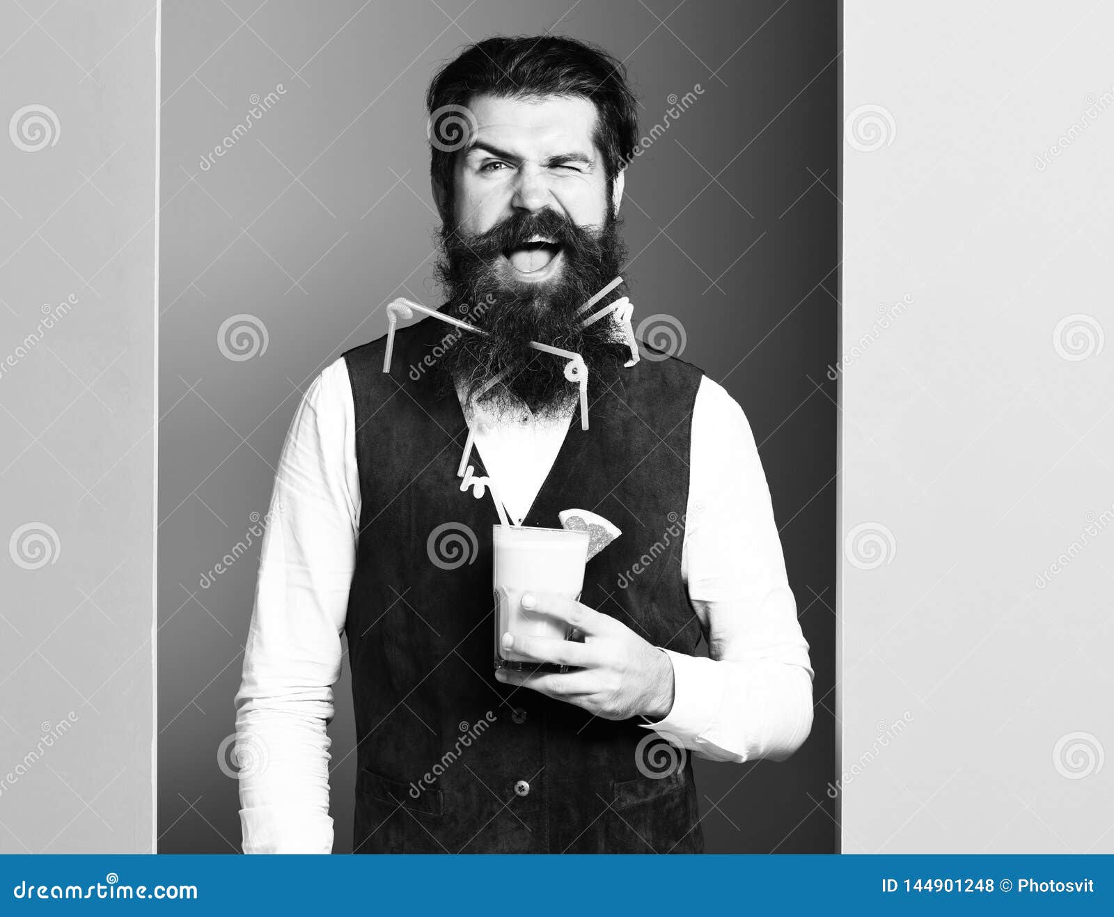 Handsome Bearded Man with Long Beard and Mustache Has Stylish Hair on ...