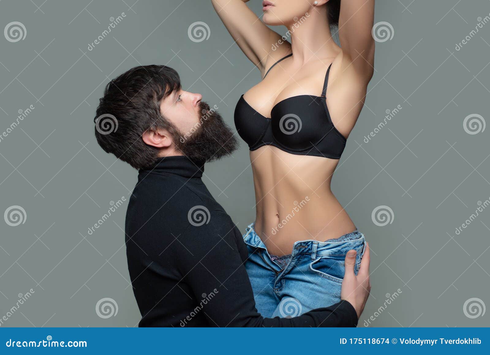 Handsome Bearded Man Touching Womans Body and Enjoying Her Beautiful Boobs