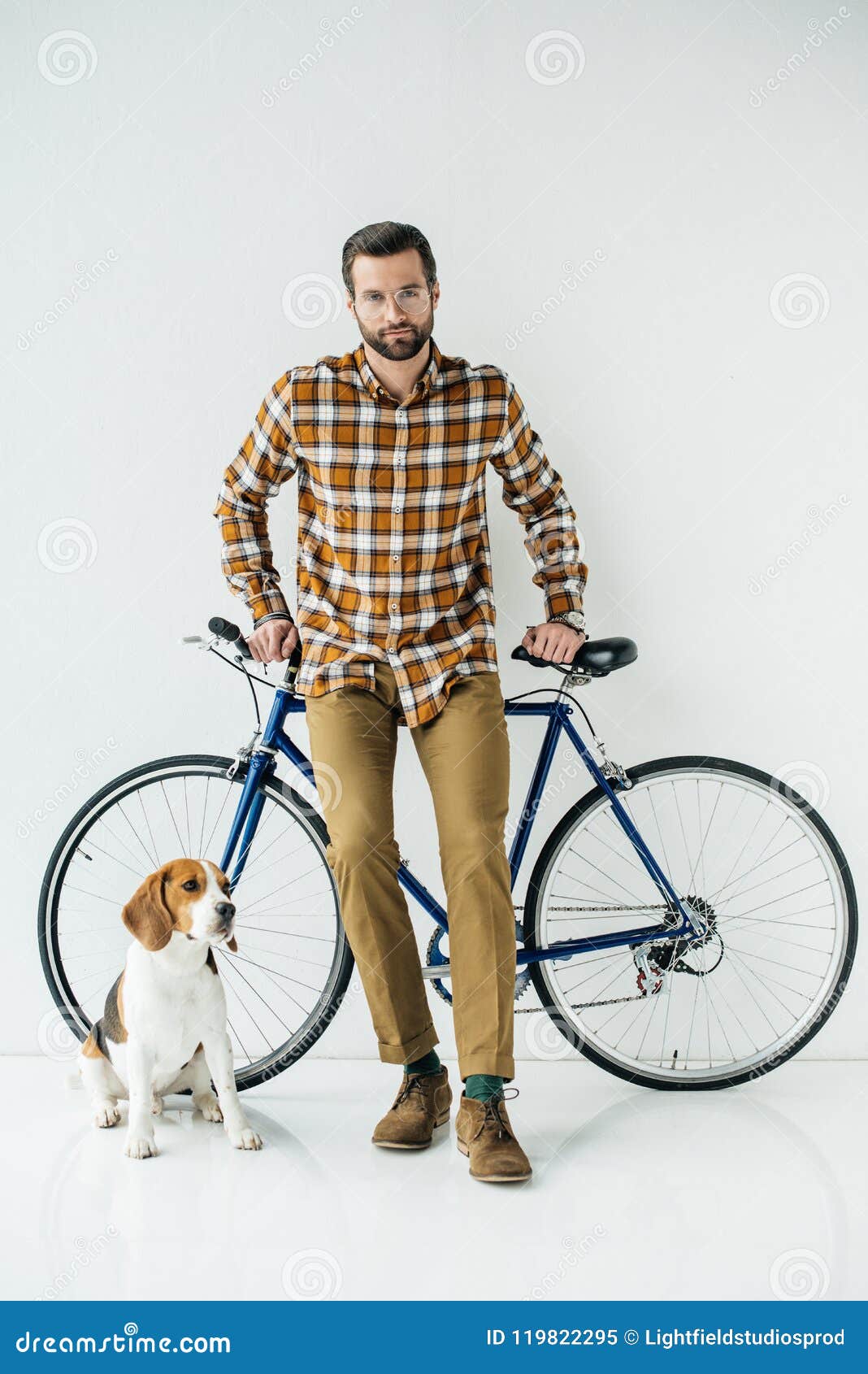 Handsome Bicycler Standing with Beagle and Looking at Camera Stock ...