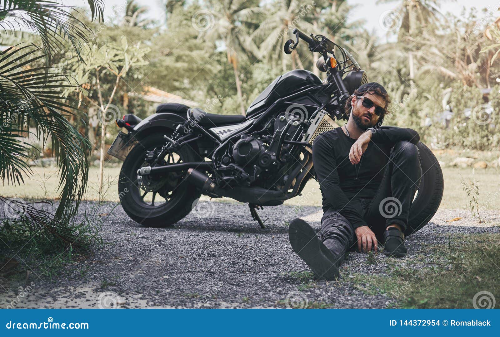 Handsome Biker Man In Black Wear Sit Near Classic Style ...