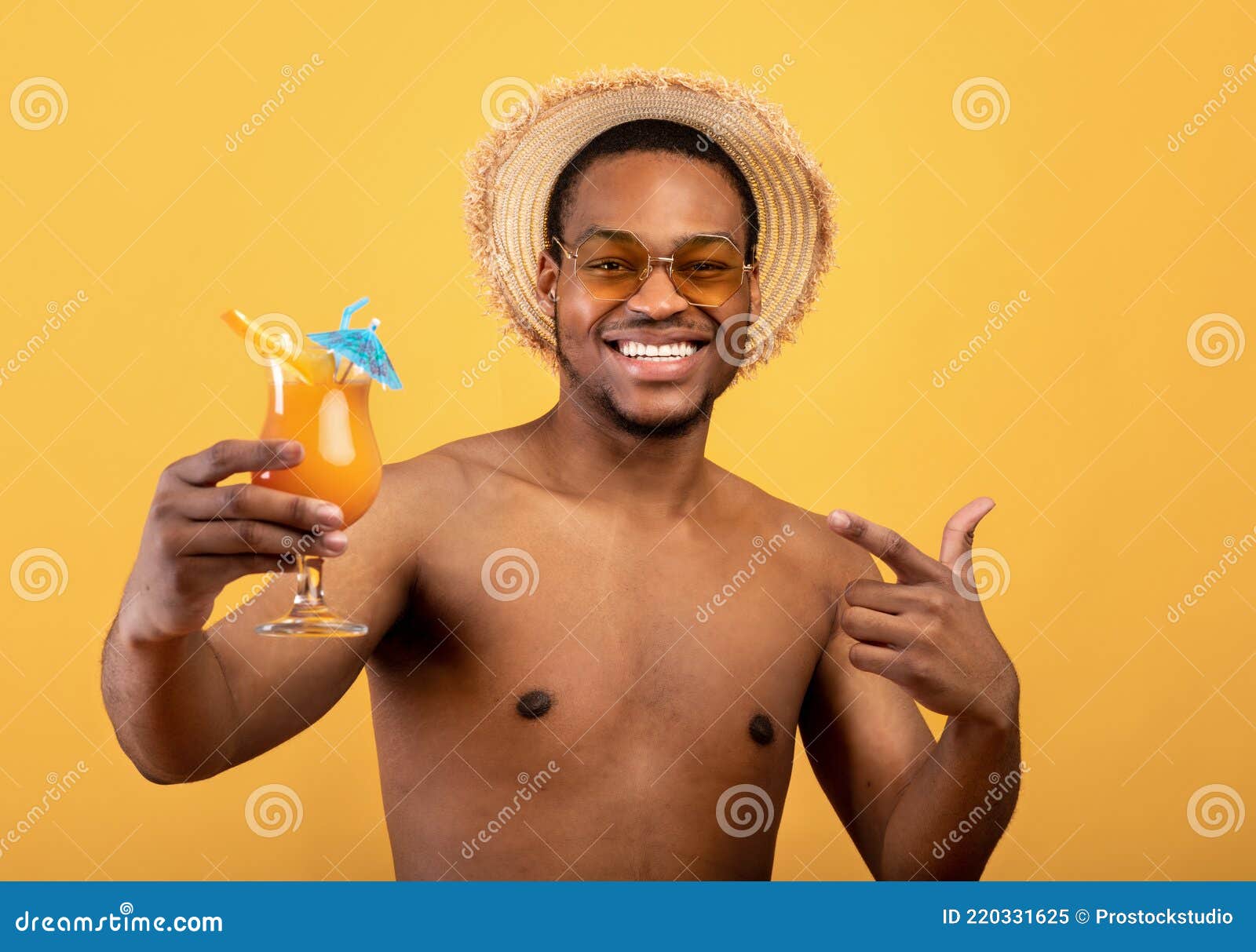 Handsome Black Man with Bare Chest Pointing at Tasty Summer