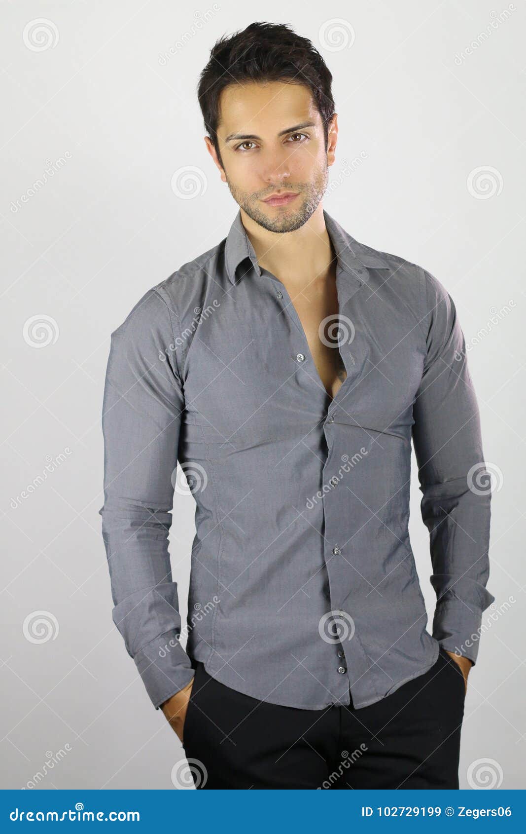 Handsome Brown Man Wearing A Gray Shirt Stock Image Image Of