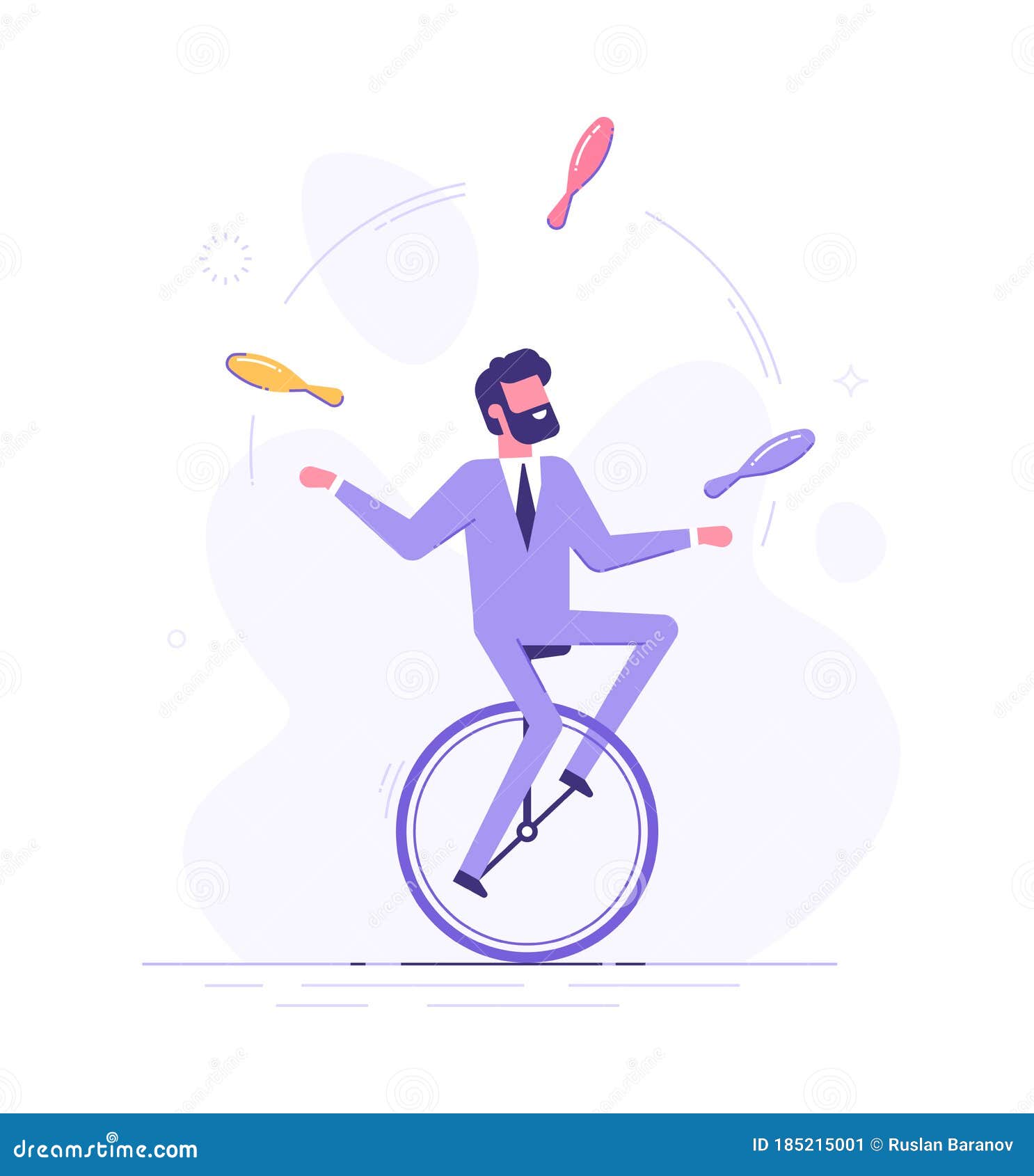 Handsome Business Man is Riding on Unicycle and Juggling Different