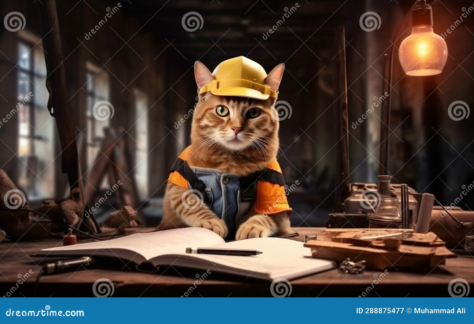 Handsome Cat Construction Worker Sitting. Generative AI Stock Image