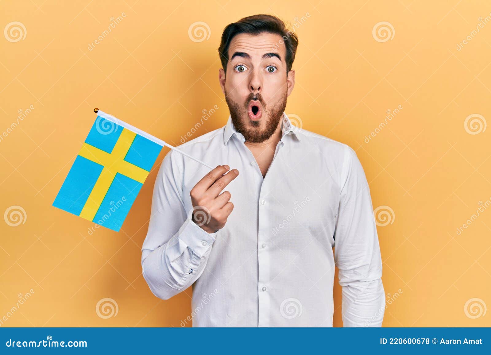 Handsome Caucasian Man with Beard Holding Sweden Flag Scared and Amazed ...