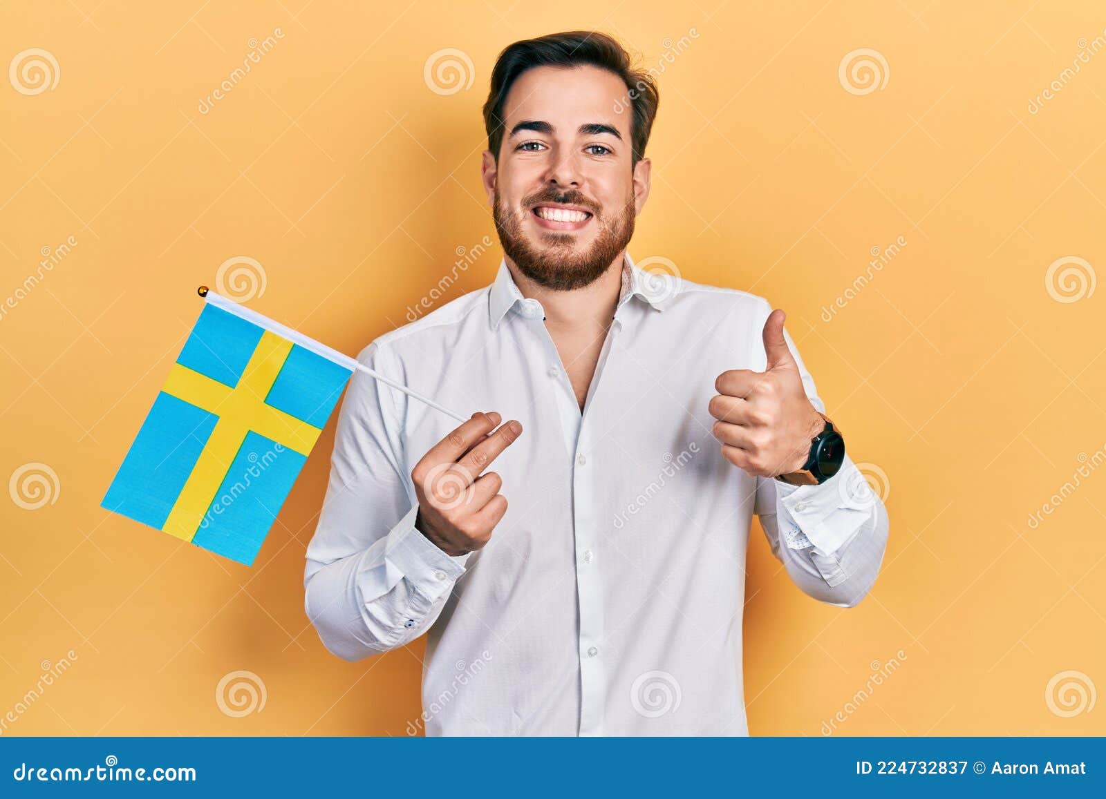 Handsome Caucasian Man with Beard Holding Sweden Flag Smiling Happy and ...